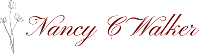 Nancy C Walker's logo - Her name in red script with a a grey flower