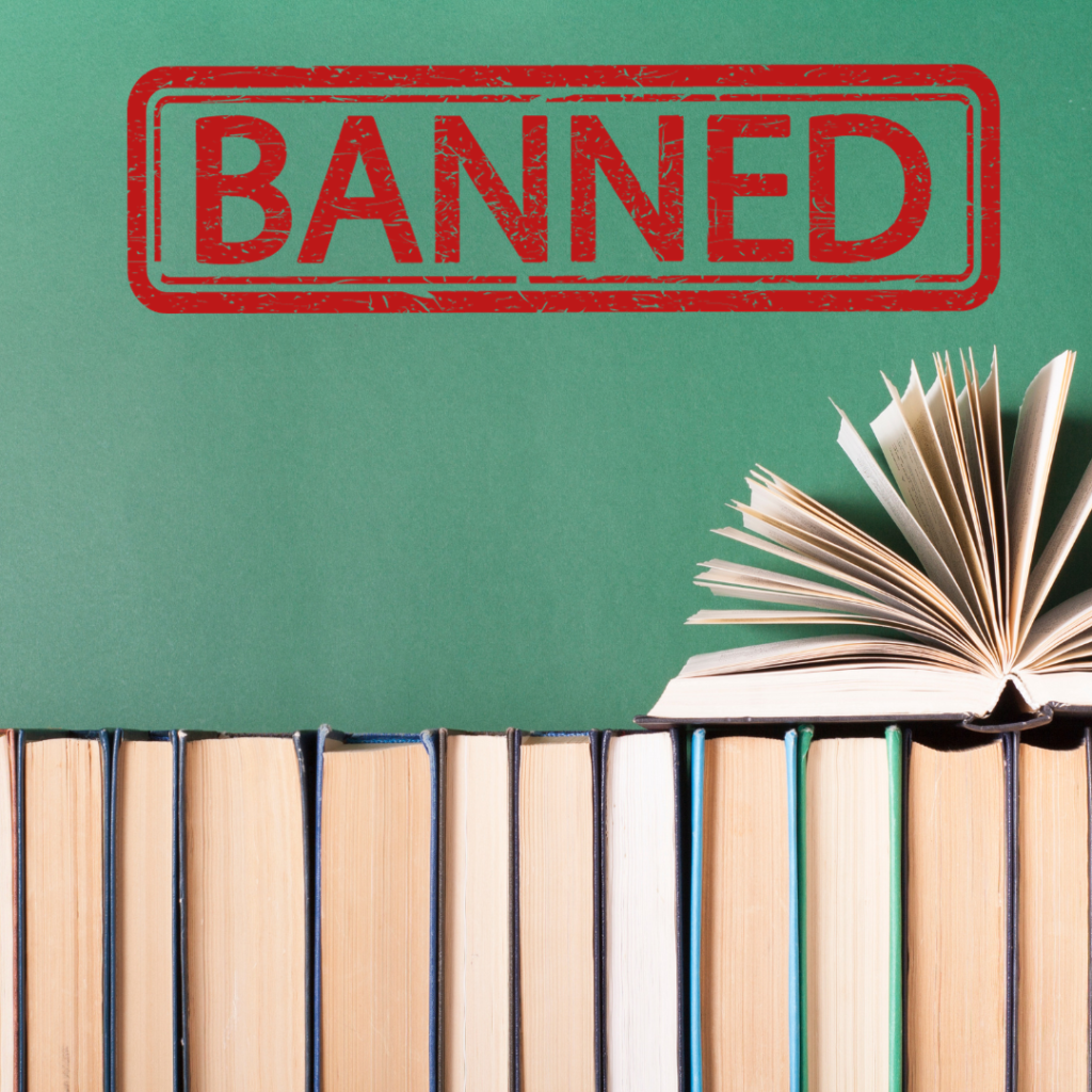 A row of books with the word "Banned" across the top.