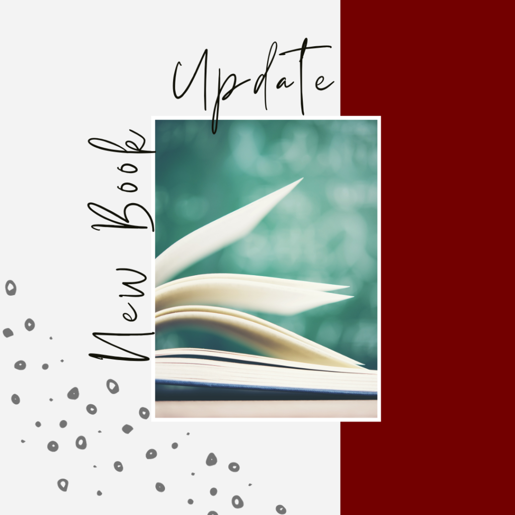 Light gray and dark red background with small gray dots in the lower left corner. The words "New Book Update" around the image of a open book.