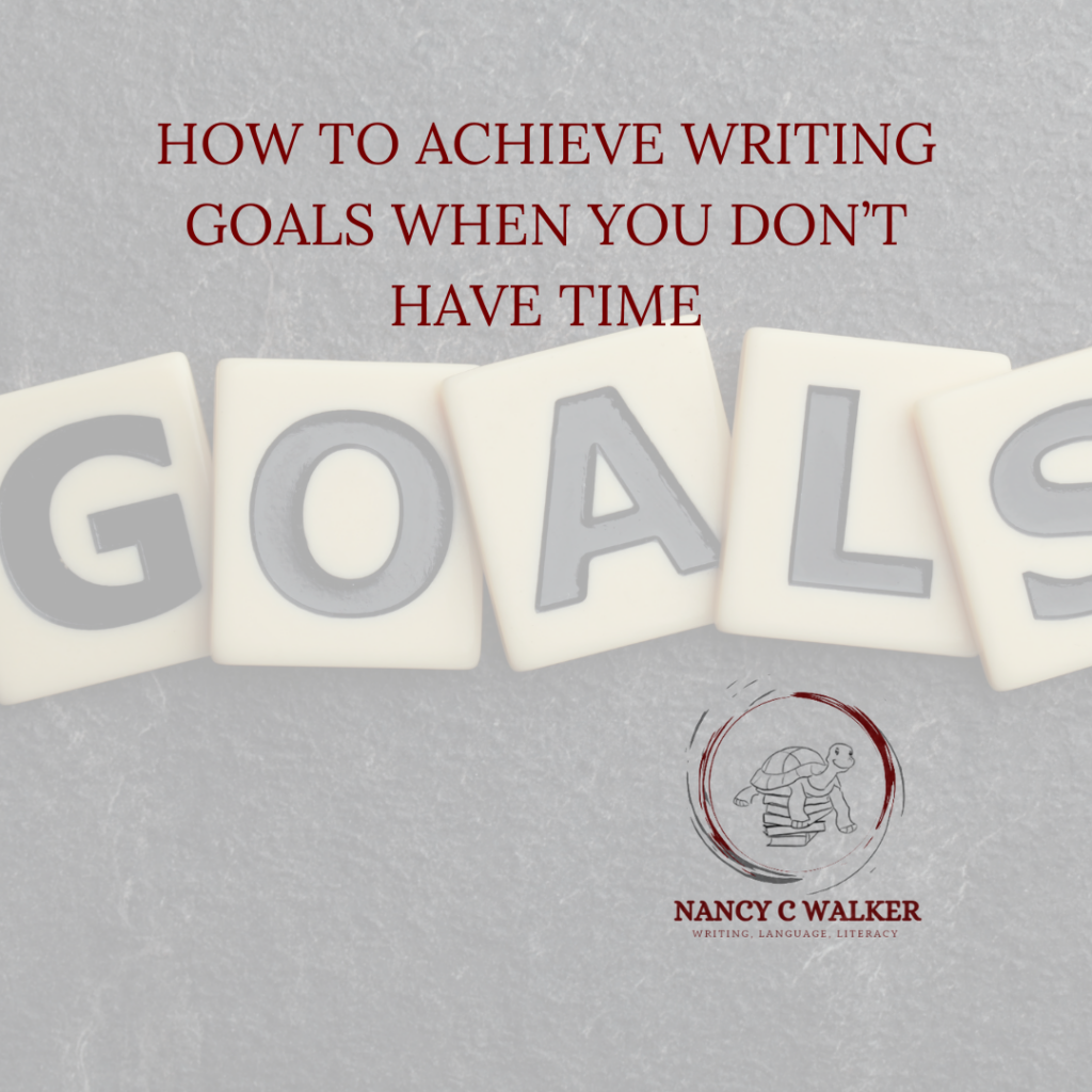 The word goals in scrabble style tiles. Above the image are the words How to achieve writing goals when you don't have the time.