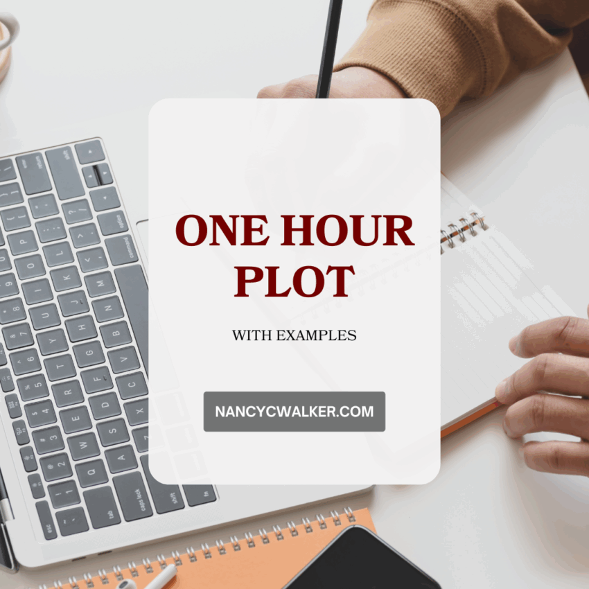 One Hour Plot with examples. NancyCWalker.com is written over an image of a person writing in a notebook with an open laptop nearby.