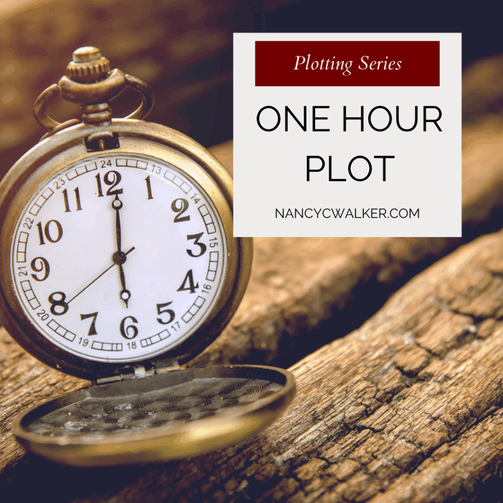A gold poket watch is open. The time reads 6pm. The watch sits on weathered boards. In a text blog are the words "Plotting Series. One Hour Plot. NancyCWalker.com"
