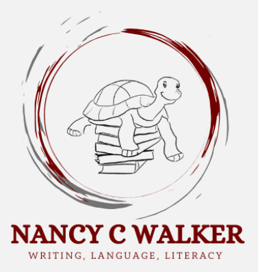 Line drawing of a turtle balanced on a stack of books. Dark red and gray paint swipes form a circle around the image. Under the image are the words Nancy C Walker, Writing, Language, Literacy in dark red.
