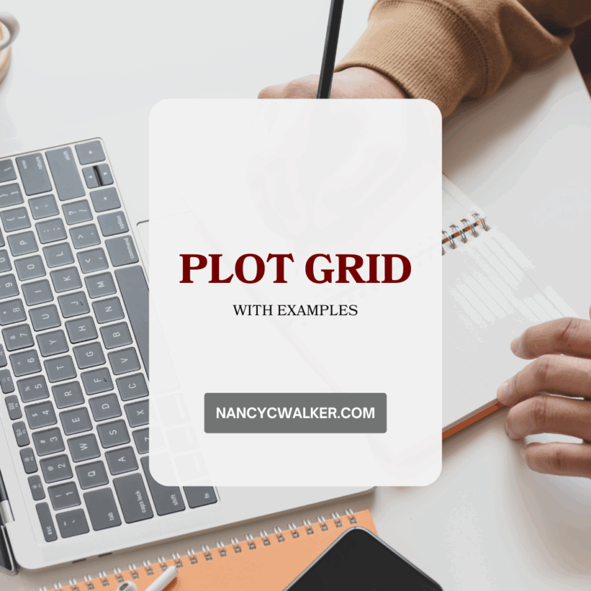 Plot Grid with examples. NancyCWalker.com is written over an image of a person writing in a notebook with an open laptop nearby.
