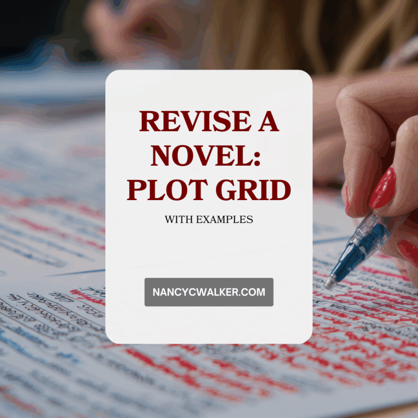 Revise a novel: plot grid with examples. NancyCWalker.com is written over an image of paper with handwriting lays flat, a hand with a pen makes marks on the paper in red ink.