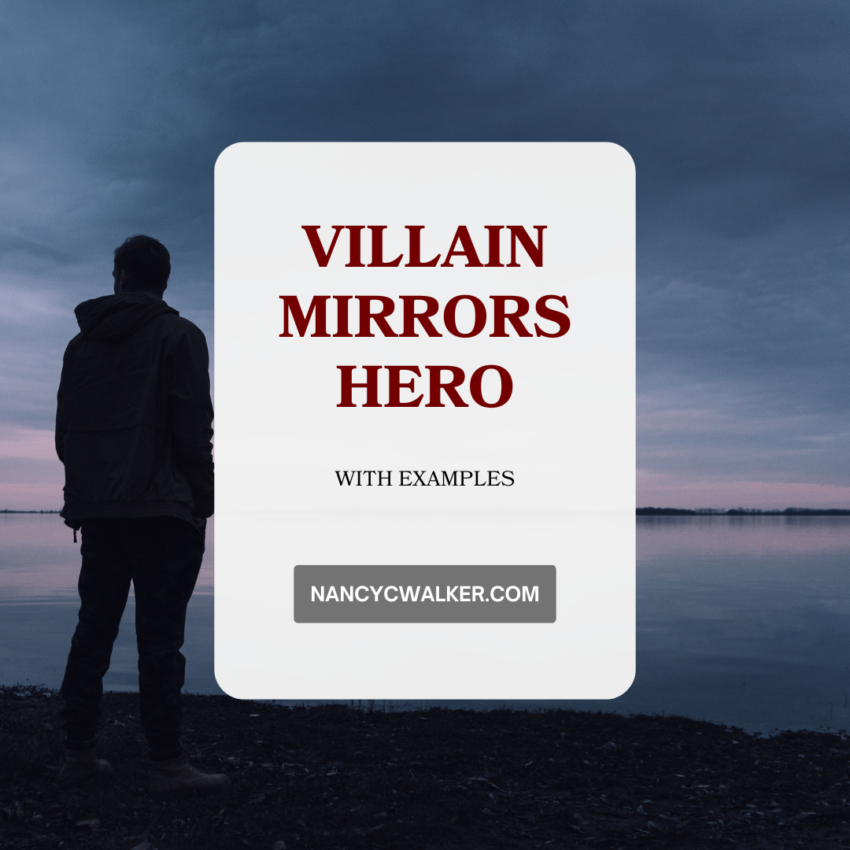 Villain Mirrors Hero with examples. NancyCWalker.com is written over an image of a man in silhouette looking out over a lake at dusk.