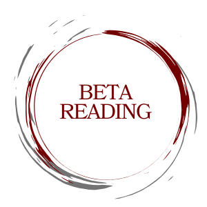 The words Beta Reading in the center of a circle created by dark red and gray paint swipes.