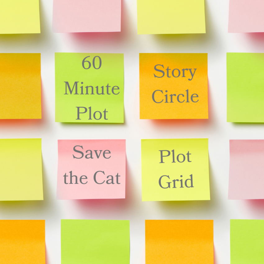 Rows of sticky notes in green, orange, pink, and yellow. 4 of the sticky notes read 60 minute plot, Story circle, save the cat, and plot grid.