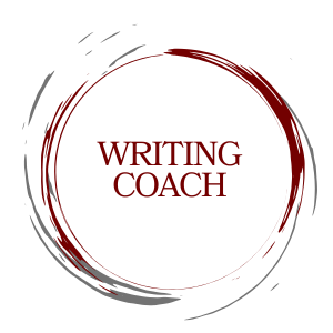 The words Writing Coach in the center of a circle created by dark red and gray paint swipes.