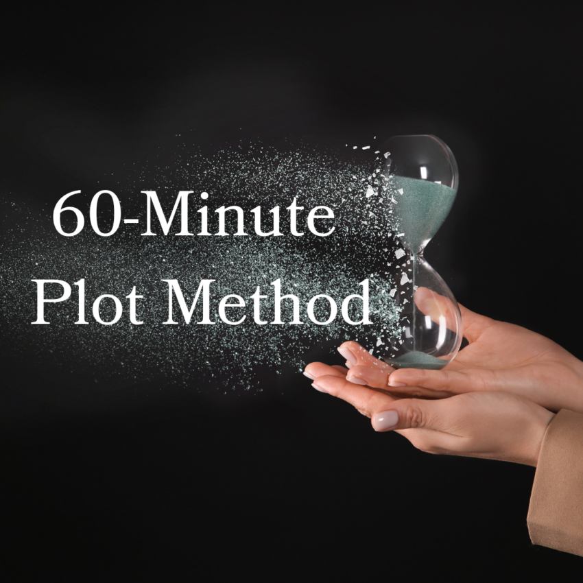 A pair of hands, palms up with one under the other, holds an hourglass with pale blue sand. The glass is shattered along one side with the small shards moving across the black ground. Over the shards are the words 60-Minute Plot Method
