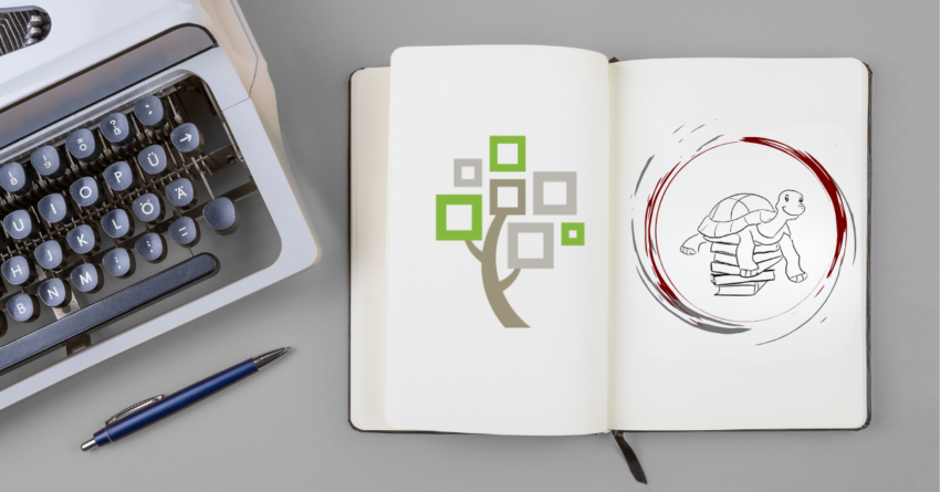 A open notebook with the FamilySearch logo on one side and the Nancy C. Walker Consulting logo on the other. A typewriter is on the left. This is the title image for a post on the accuracy of FamilySearch.