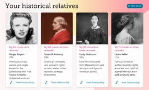 A screenshot from FamilySearch.org showing Ginger Rogers, Susan B. Anthony, Emily Dickinson, and Helen Keller as my relatives. 