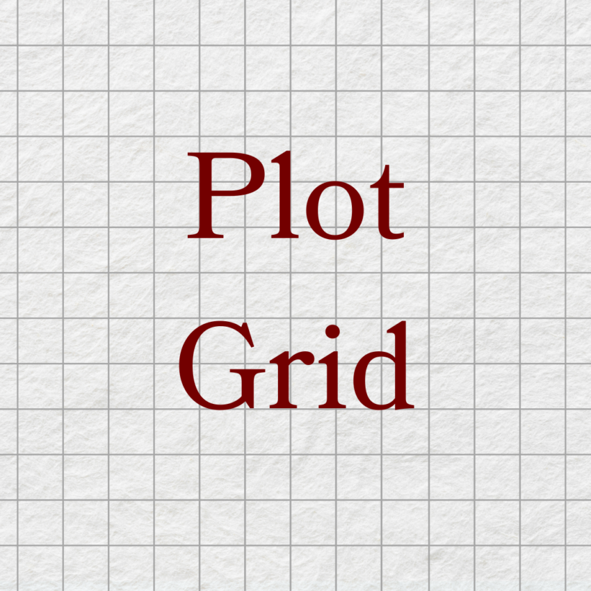 A sheet of graph paper with the words plot grid written in dark red across the center.
