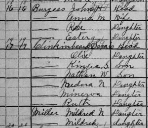 1900 Santa Clara, CA census showing John Burgress living next door to his twin sister Sarah Whitehead/Clinkinbeard