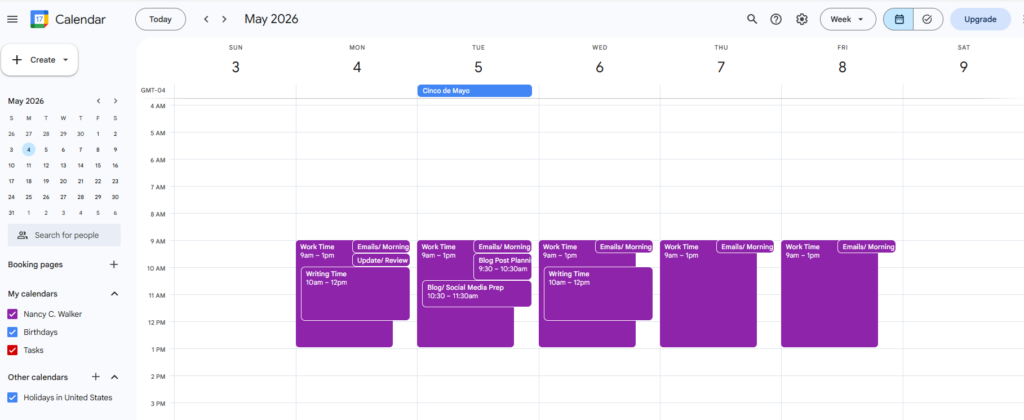 Screenshot of a Google Calendar showing time blocked off for managing emails, writing, and other business related items.