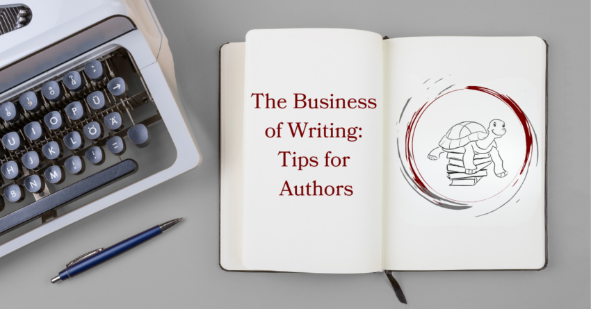 An open notebook with The Business of Writing: Tips for Authors typed on one side and the Nancy C. Walker Consulting logo on the other. A typewriter is on the left.