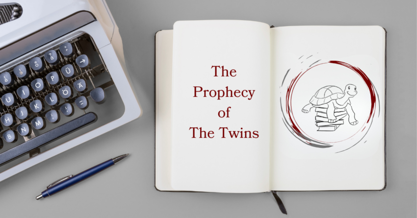 A open notebook with The Prophecy of the Twins typed on one side and the Nancy C. Walker Consulting logo on the other. A typewriter is on the left.