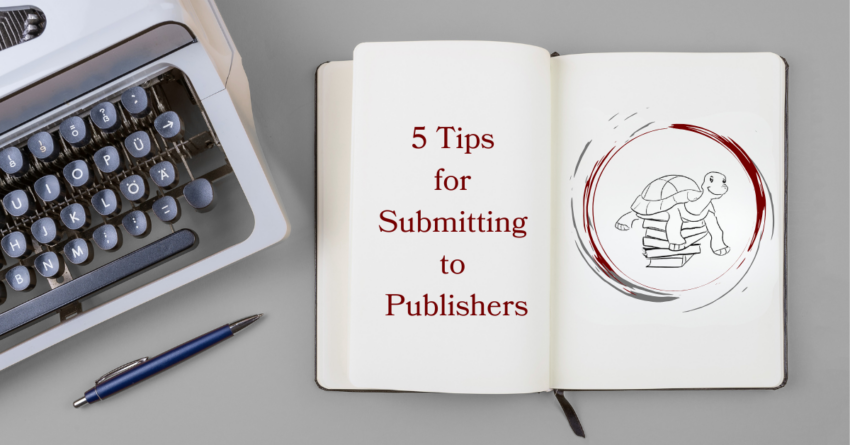 A open notebook with 5 Tips for Submitting to Publishers typed on one side and the Nancy C. Walker Consulting logo on the other. A typewriter is on the left.