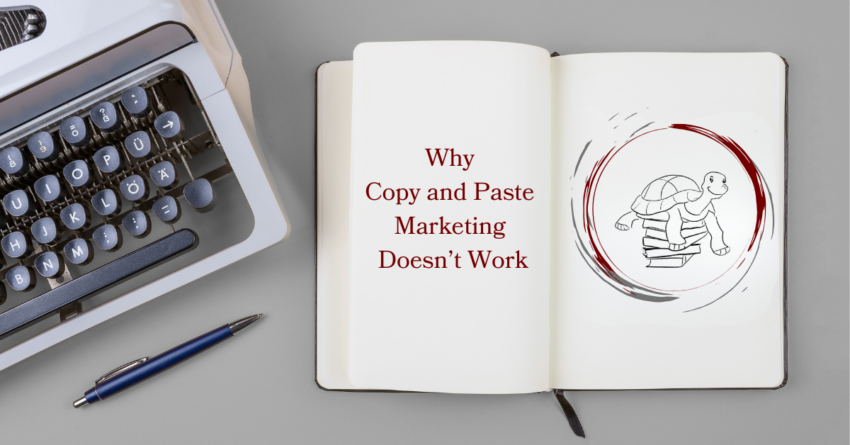 An open notebook with Why Copy and Paste Marketing Doesn't Work on one side and the Nancy C. Walker Consulting logo on the other. A typewriter is on the left.