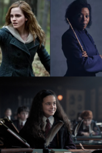 Image shows Emma Watson, Noma Dumezweni, and Arabella Stanton as Hermione Granger to illustrate white bias when writing diverse characters.