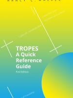 Tropes: A Quick Reference Guide cover - Yellow at the top that fades to blue. A circle in the lower right corner is blue at the top, fading to yellow. The title is in white letters in the center. Faint white lines give the impression of a grid pattern. The lines are not true lines, but the names of various tropes.